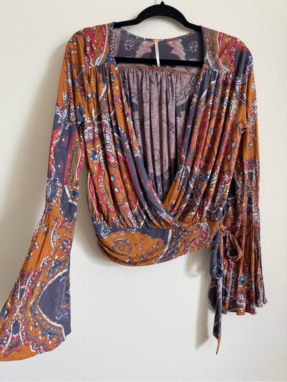Free People Wrap Boho 70’s Flare sleeve Paisley Blouse Top size S